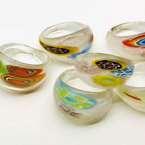 White Millefiori Glass Ring Murano Glass Ring Lamp Work Ring