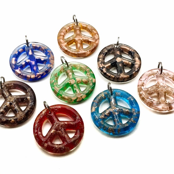 Gold Glitter Glass Peace Sign Pendant Glass Peace Necklace Lampwork Pendant