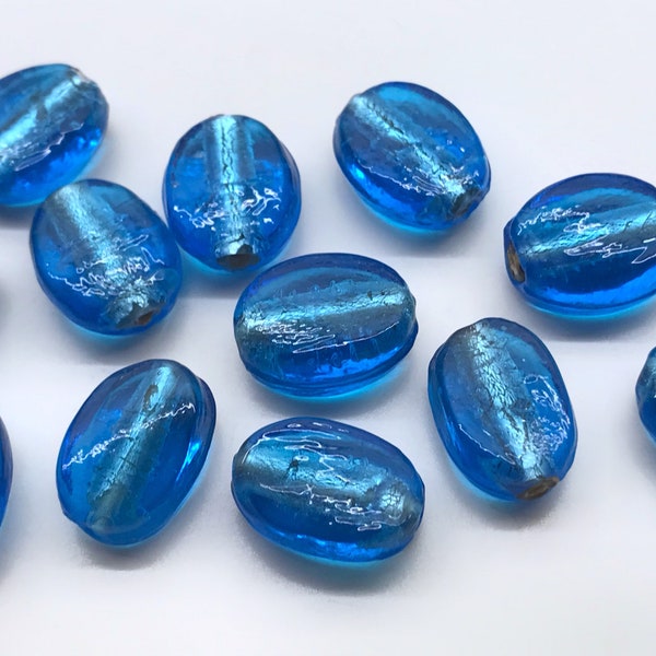 10pcs 16mm Vintage Turquoise Blue Flat Oval Silver Foil Beads Metallic Lampwork Glass Beads India