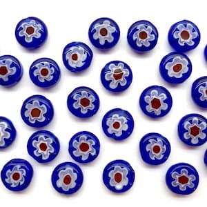 48pcs 8mm Blue Millefiori Beads Glass Flower Murano Lampwork Beads Flat Round Glass Spacer Beads