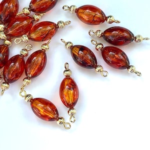 16pcs 28mm Vintage Marbled Amber Brown & Gold Lucite Tube Beads Connectors 2 loop