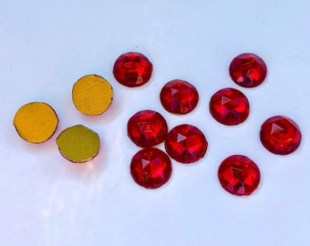 10pcs 11mm Vintage Faceted Red Round Flatback Rhinestones Cabochons Gold Foil