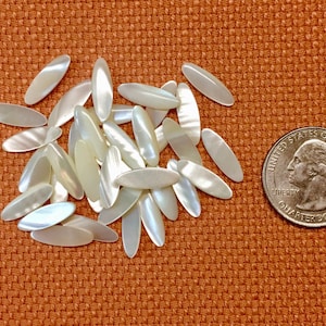 May include: A pile of white oval-shaped mother of pearl shell buttons, approximately the size of a US quarter.