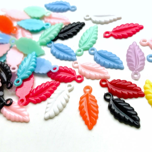 30pc Small Vintage Multicolored Plastic Leaf Beads Charms- Resin Leaves - Top Drilled