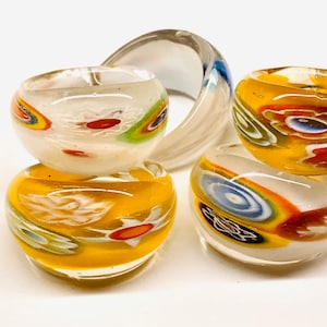 Dark Yellow- White Glass Millefiori Ring Glass Murano Ring Lamp Work Ring