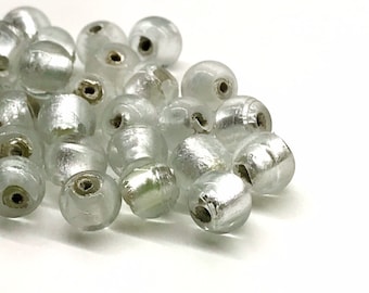 40pcs - 6mm Round Clear Silver Foil Beads Metallic Lampwork Glass Beads