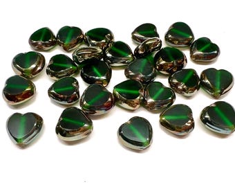 14pc Vintage Green Glass Heart Picasso Silver Edge Tablet Beads Made in India Handmade