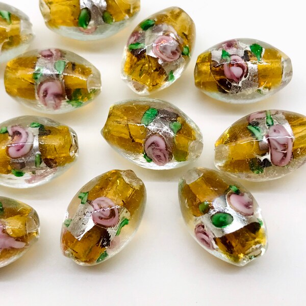 17mm Lampwork Gold Silver Oval Foil Glass Flower Beads Glass Rose Beads