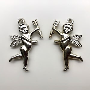 4pcs LARGE Vintage Copper & Silver Angel Cupid Charm Cherub Brass Stamping Winged