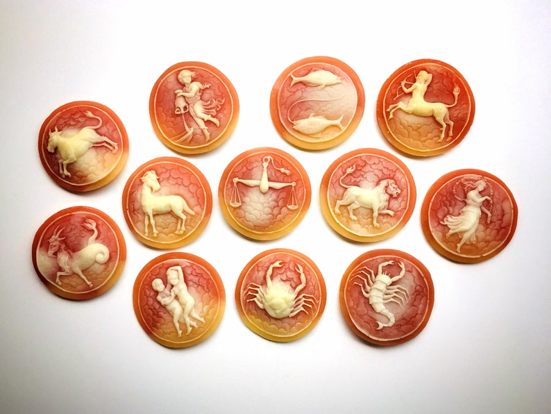 May include: Twelve round, pink and white, cameo-like zodiac signs. Each sign is carved in relief and features a different zodiac symbol.