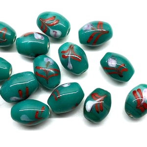 8pcs Teal Blue Glass Feather Flower Lampwork Oblong Glass Beads Venetian