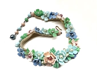 Gorgeous Vintage Pastel Glass Flower Necklace Choker Gripoix Louis Rousselet Paris Pate de Verre