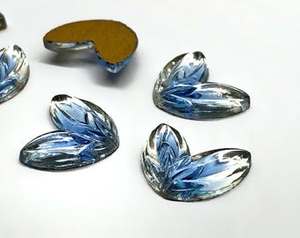 2pcs Gorgeous Vintage Art Deco Blue Glass Leaf Cabochons Flatback West German Glass Cabochons