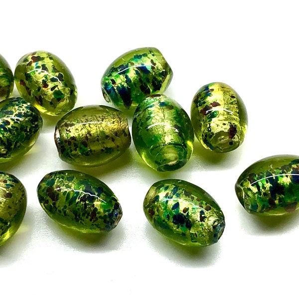 12pcs 12mm Olive Green Speckled Silver Foil Beads Metallic Oval Lampwork Glass Beads India