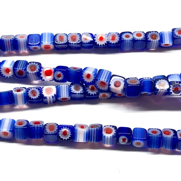100pc 4mm Small Red White & Blue Millefiori Beads Glass Murano Lampwork Beads Cube Glass Spacer Beads