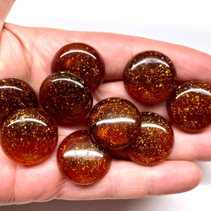 14pcs Large 22mm Gold Glitter Round Cabochons Brown Domed Flatback