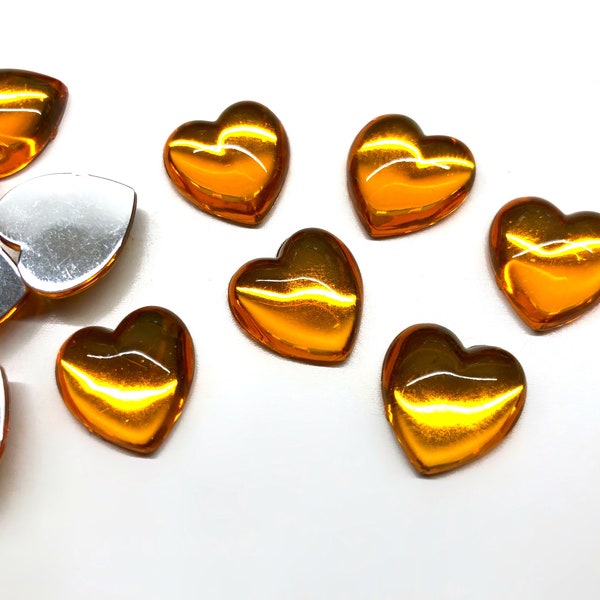 10pcs 15mm Vintage Orange Yellow Heart Cabochons Flat Back Acrylic Jewels Rhinestones Gems