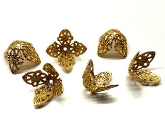 10 Large Gold Vintage Filigree Bead Caps New Old Stock Filigree Antique Gold Plate