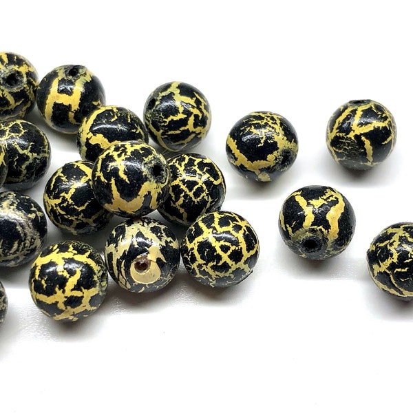 40pcs 8mm Yellow & Black Wood Splatter Crackle Beads Funky Graffiti