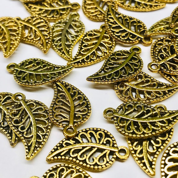 20pcs Gold Filigree Leaf Charms Alloy Brass leaves Beads