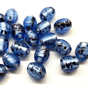 20pcs - 10mm Vintage Speckled Blue Silver Foil Beads Metallic Oval Lampwork Glass Beads India Vintage NOS lot