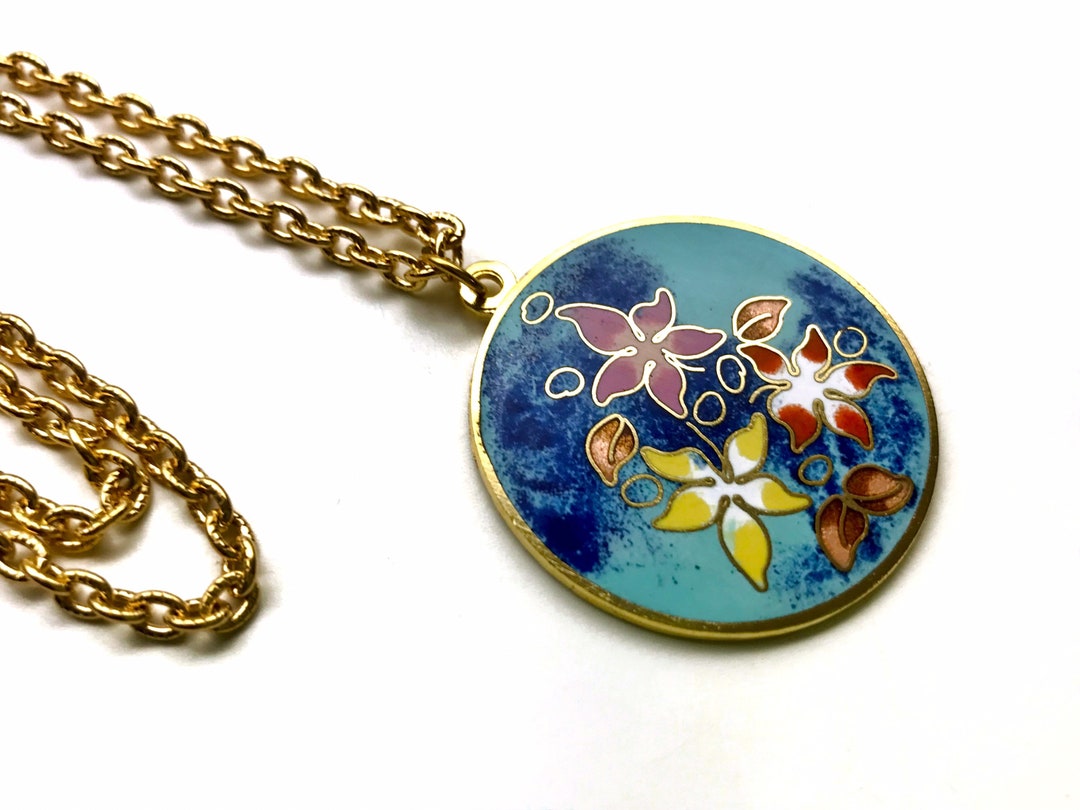 Vintage Enamel Flower Pendant Necklace Vintage Enamel Charm Cloisonné