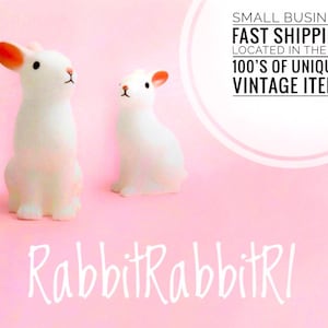 May include: Two white ceramic rabbit figurines on a pink background. The larger rabbit has pink ears and is sitting upright. The smaller rabbit is sitting with its head tilted to the side. The text "RabbitRabbitRl" is written in white cursive letters below the rabbits.
