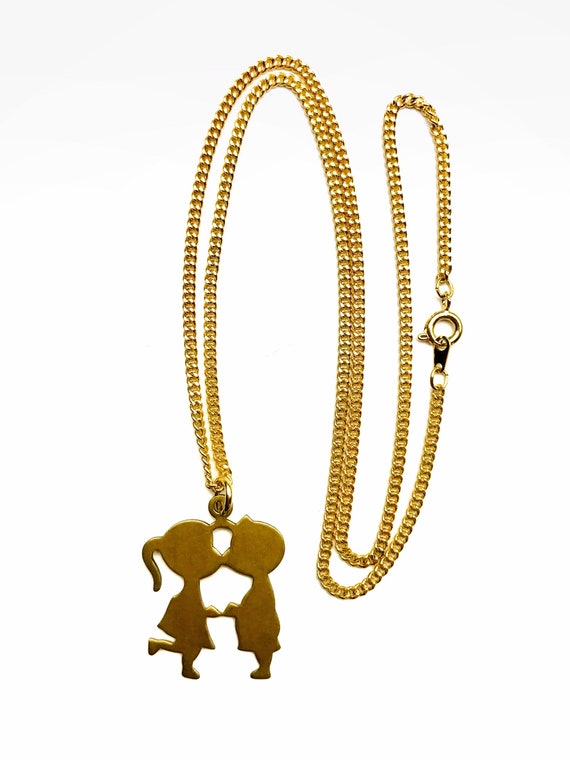 Vintage 70's Kissing Boy and Girl Necklace, Brass, Yo… Gem