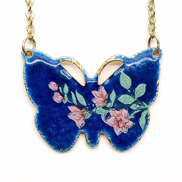 Vintage Guilloche Blue Butterfly Necklace Enamel Butterfly Pendant Cloisonné Cottagecore