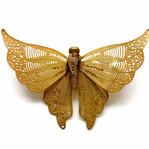 Vintage Large Filigree Gold Butterfly Brooch Pin