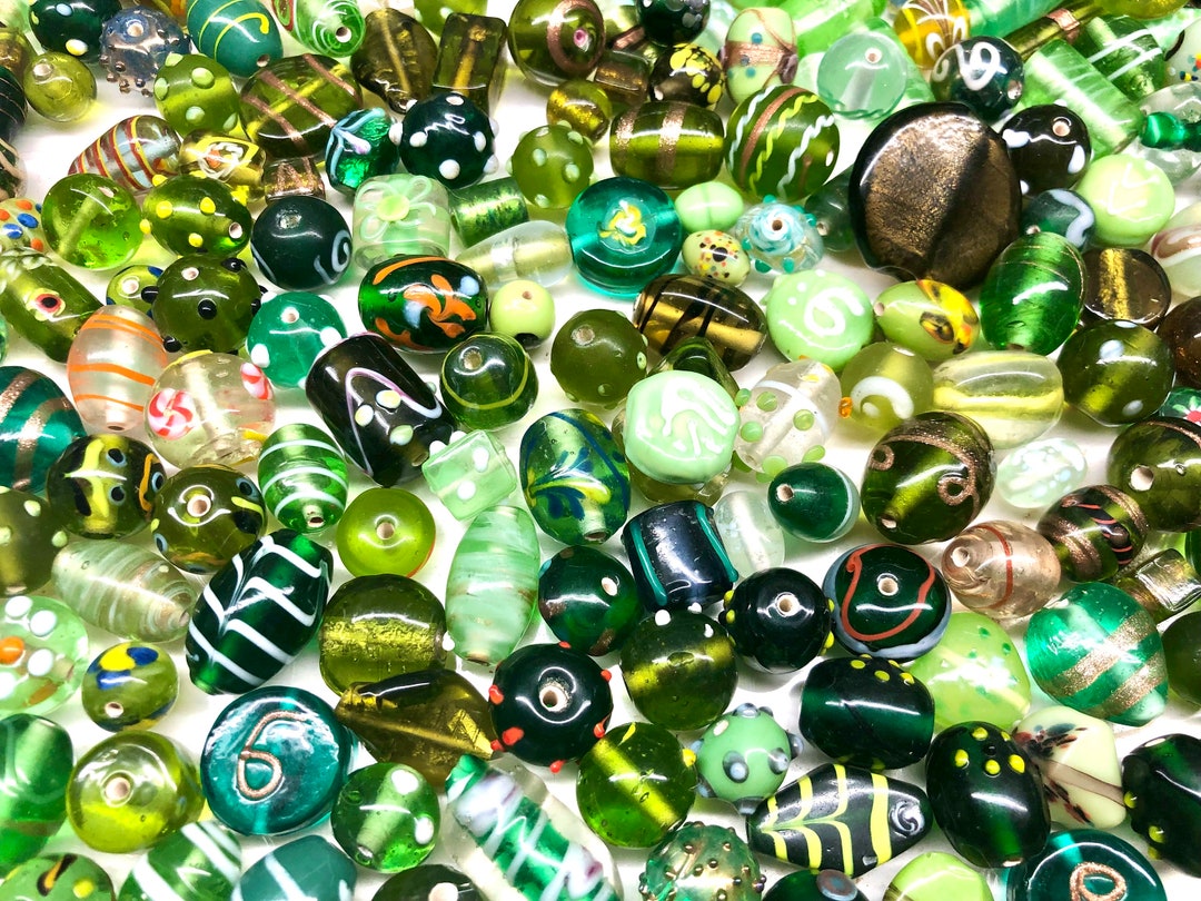 20pcs Mixed Fancy Glass Beads Green Lampwork Beads Barrel Tube Round