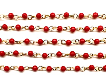 5FT Vintage Japan Red Beaded Chain Gold Plated