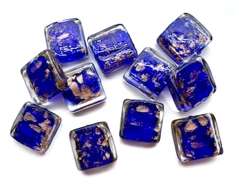 6pcs Large Dark Blue Copper Foil Glass Square Beads Metallic Lampwork
