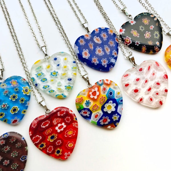 Large Colorful Millefiori Glass HEART Necklace Millefiori Pendant Murano  Lampwork