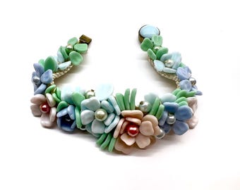 Gorgeous Vintage Pastel Glass Flower Bracelet Gripoix Louis Rousselet Paris Pate de Verre
