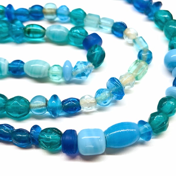 36” Strand Small Handmade Turquoise Blue Glass Beads from India Coin Teardrop Oval Necklace