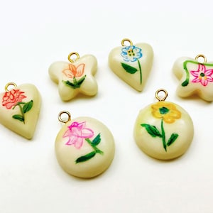 6 Vintage 70s Handpainted Plastic Floral Charms Heart Butterfly Charms Pendant