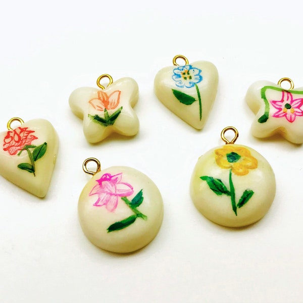 6 Vintage 70s Handpainted Plastic Floral Charms Heart Butterfly Charms Pendant