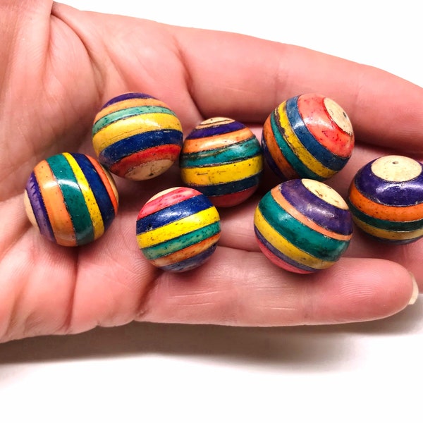 6pcs Extra Large Hand Painted Vintage Round Painted Wood Rainbow Beads Stripe