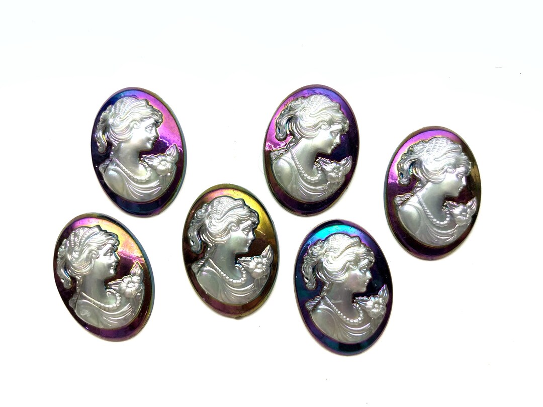 6 Vintage Green Victorian Lady Head Pony Tail Acrylic 25x18mm