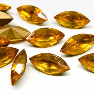 20pcs Vintage Gold Topaz 15x7 Navettes Marquis Rhinestones Czech Pressed Glass Gold Foil