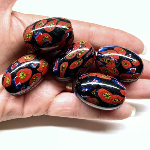 2pcs 42mm Extra Large Colorful Red Black Blue Oval Glass Trade Beads Large Hole Millefiori Murano Lampwork Beads