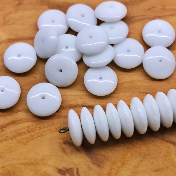 20pcs Vintage West German Opaque White Glass Round Disk Spacer Beads - Saucer Coin