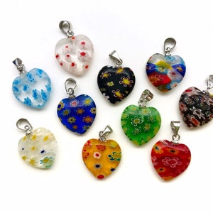 10pcs - 1/2 inch  Millefiori Charms Pendants Colorful HEART Murano Lampwork Beads Glass Heart