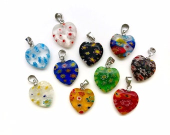 10pcs - 1/2 inch  Millefiori Charms Pendants Colorful HEART Murano Lampwork Beads Glass Heart