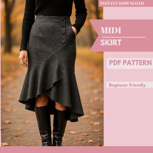 May include: A dark gray midi skirt with a unique asymmetrical hemline and button detailing. The skirt has a fitted waist and a flared, ruffled bottom. The image also includes the text "MIDI SKIRT" and "PDF PATTERN".