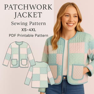 Puede incluir: Imagen de un patrón de costura de chaqueta patchwork. La chaqueta presenta un diseño de bloques de color pastel, un cuello redondo y dos bolsillos delanteros. El texto de la imagen dice "PATCHWORK JACKET Sewing Pattern XS-4XL PDF Printable Pattern."