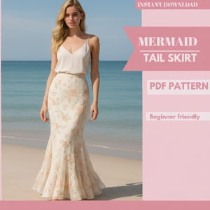 May include: A woman wearing a cream-colored mermaid tail skirt with a floral pattern, paired with a cream-colored camisole top. The image includes text that reads "MERMAID TAIL SKIRT" and "PDF PATTERN".