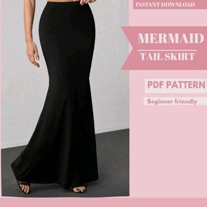 Pode incluir: Uma saia preta com cauda de sereia. A saia é justa nos quadris e coxas, alargando-se dramaticamente a partir dos joelhos. A imagem inclui o texto "MERMAID TAIL SKIRT" e "PDF PATTERN".