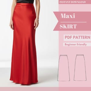 May include: A long, flowing red maxi skirt. The skirt is made of a smooth, shiny fabric and has a high waist. The image also includes text that says "Maxi Skirt" and "PDF Pattern, Beginner friendly".